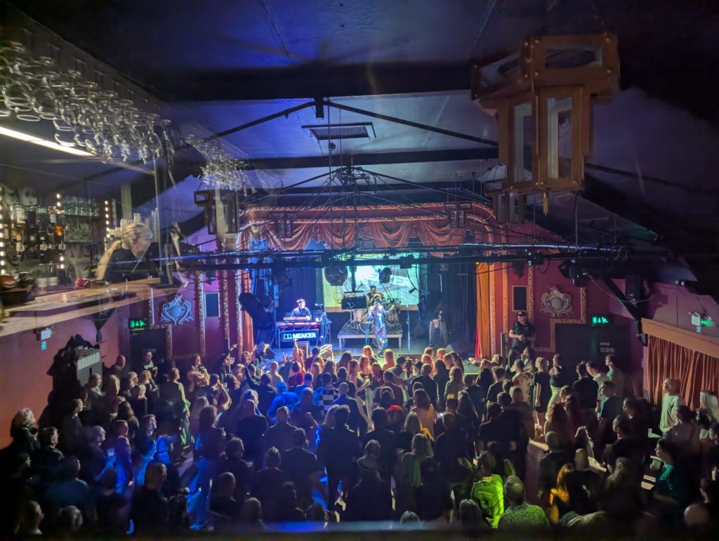 an audience watching a live music festival gig in a venue